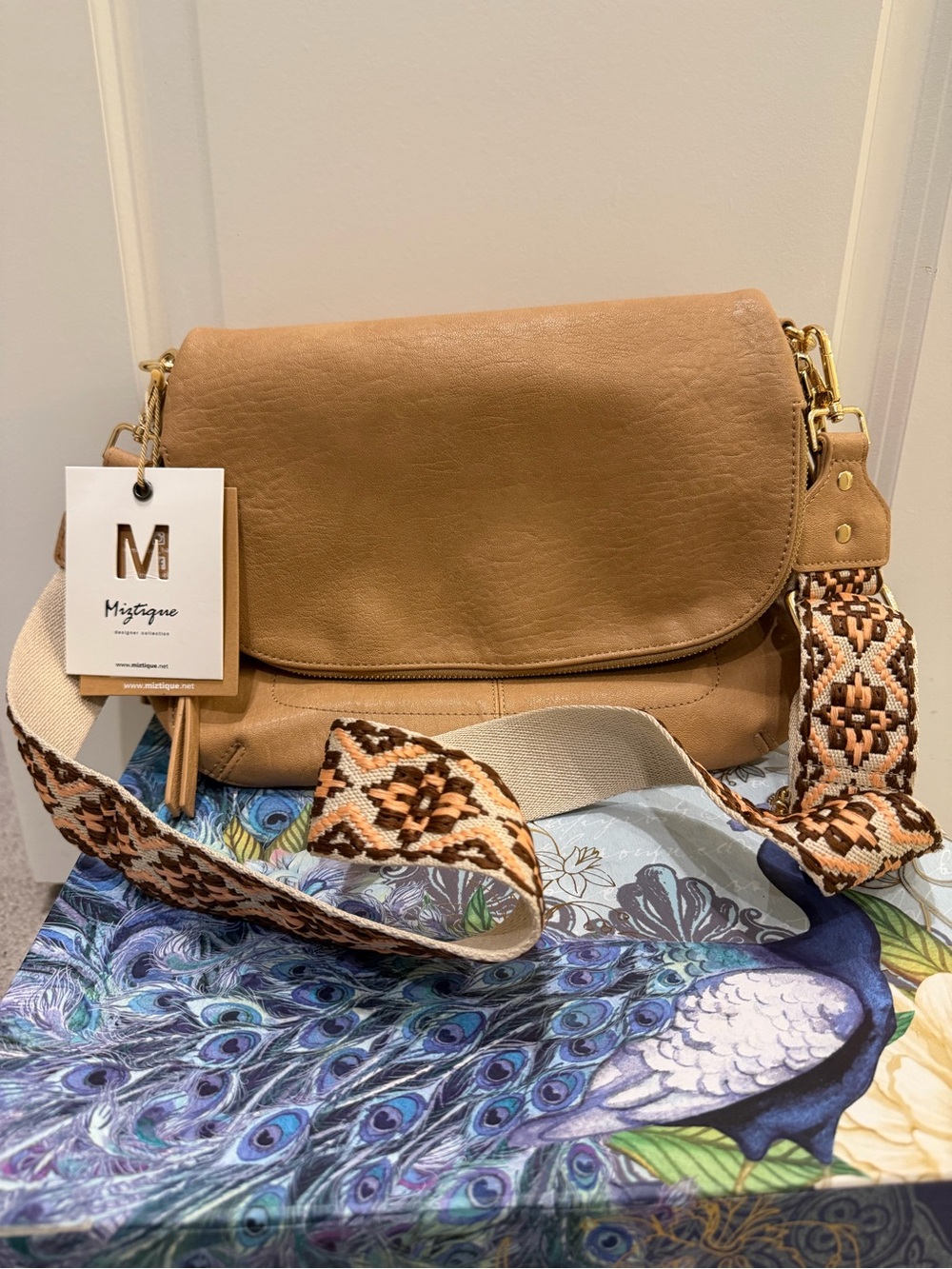 NWT Miztique Tan Crossbody Shoulder Bag Boho Woven Guitar Strap